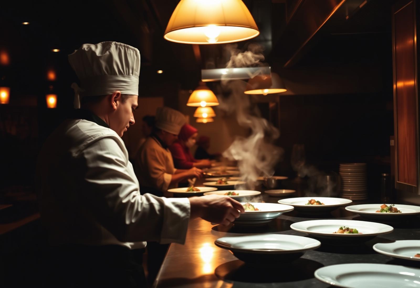 Busy restaurant kitchen at dinner service